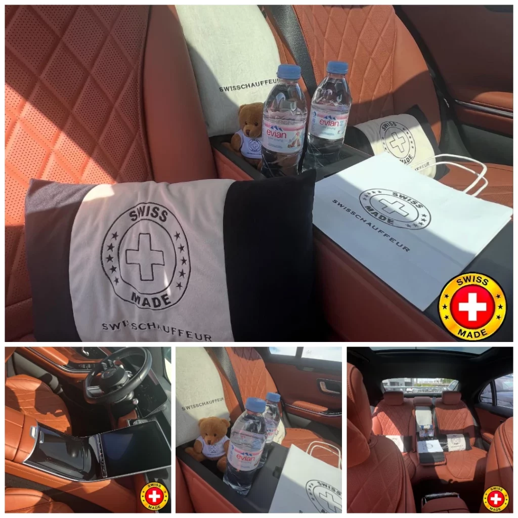 Interior of the new 2025 Mercedes-Benz S-Class from the SwissChauffeur fleet, showing the hand-stitched leather seats and luxury details.