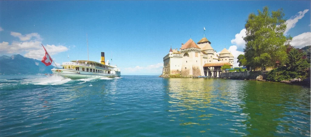 Family exploring Château de Chillon during a heritage tour in Switzerland