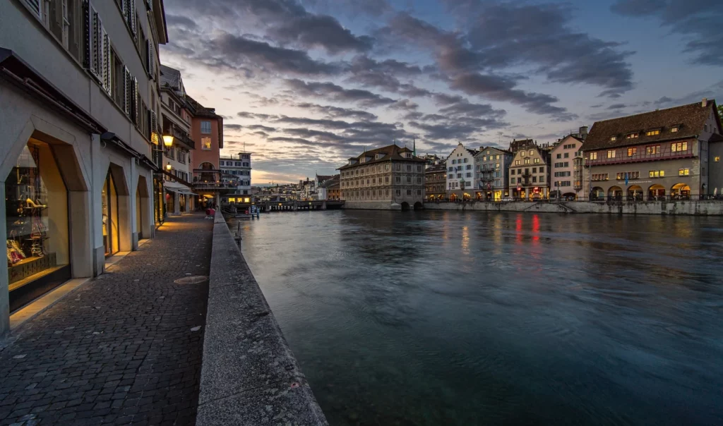 Limmat River in Zurich old town at sunset