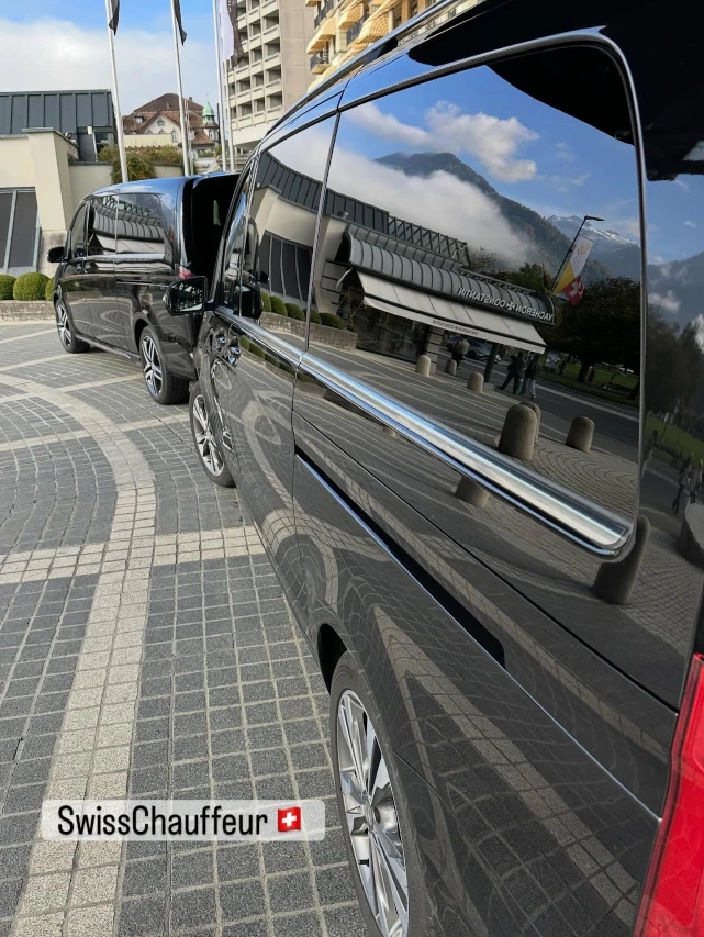 Luxury Mercedes V-Class in Lucerne with mountain reflections