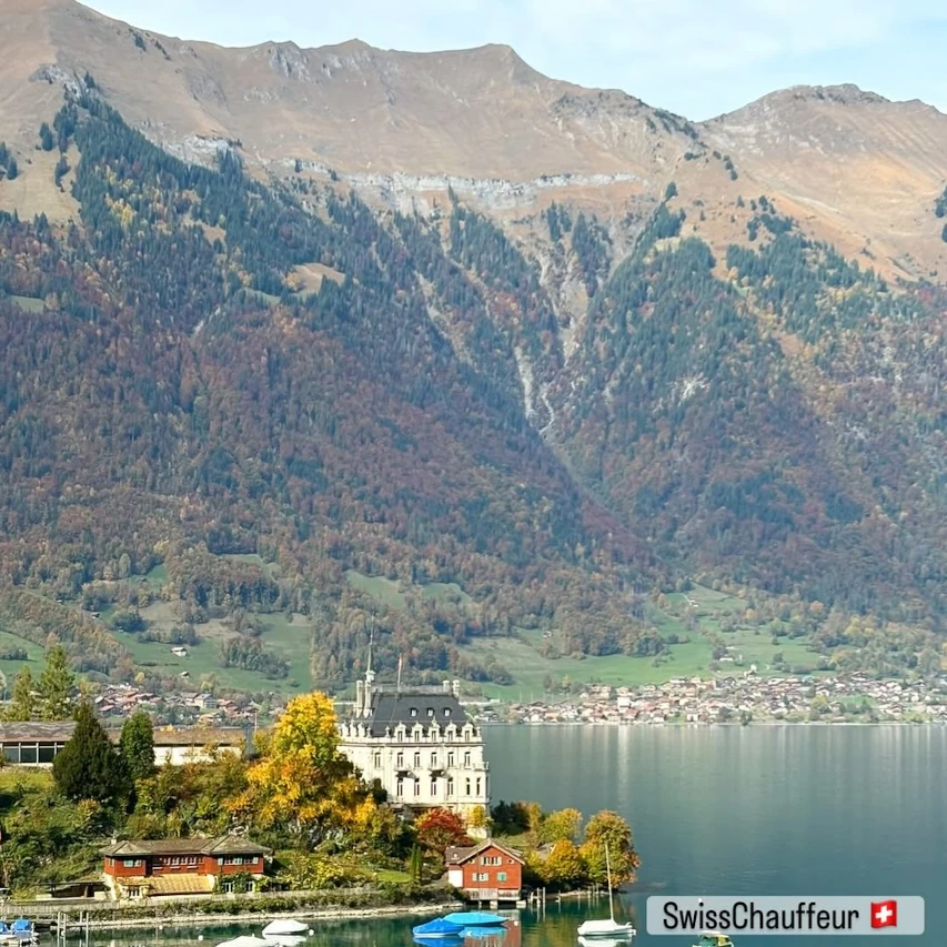 View of Switzerland’s secret lake castle near Interlaken with mountains and lake