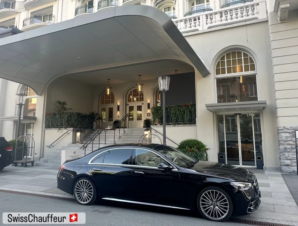 Luxury chauffeur service Switzerland - Mercedes S-Class at Kempinski Palace