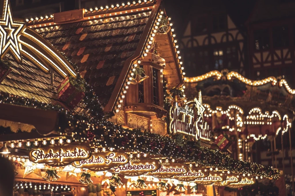 Festive Christmas market in Switzerland during winter with lights and stalls