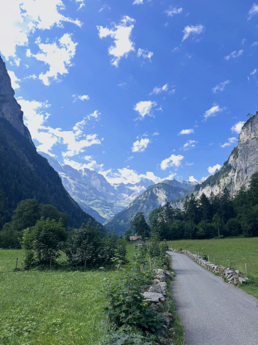 Scenic Swiss Alps mountain valley with green meadows, a narrow road and dramatic cliffs during a private chauffeur tour